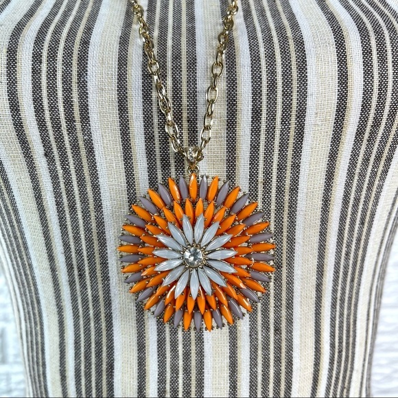 Long Rhinestone and Resin Medallion Pendant Statement Necklace Orange Grey - Picture 3 of 4